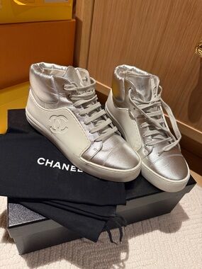 CHANEL Silver Metallic High-Top Sneakers